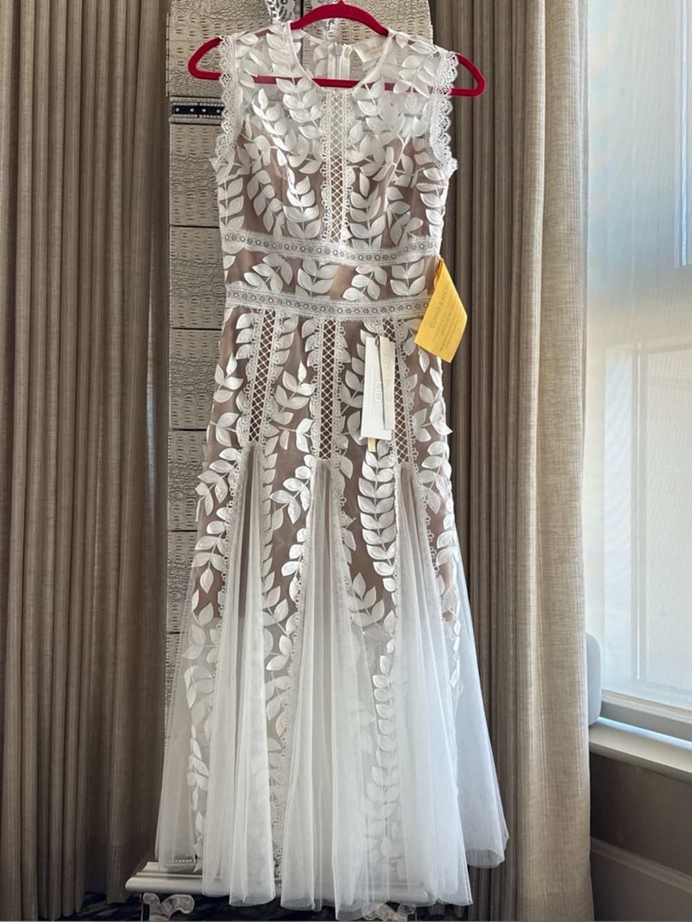 Bronx and Banco White Leaf-Appliqué Tulle Midi Dress